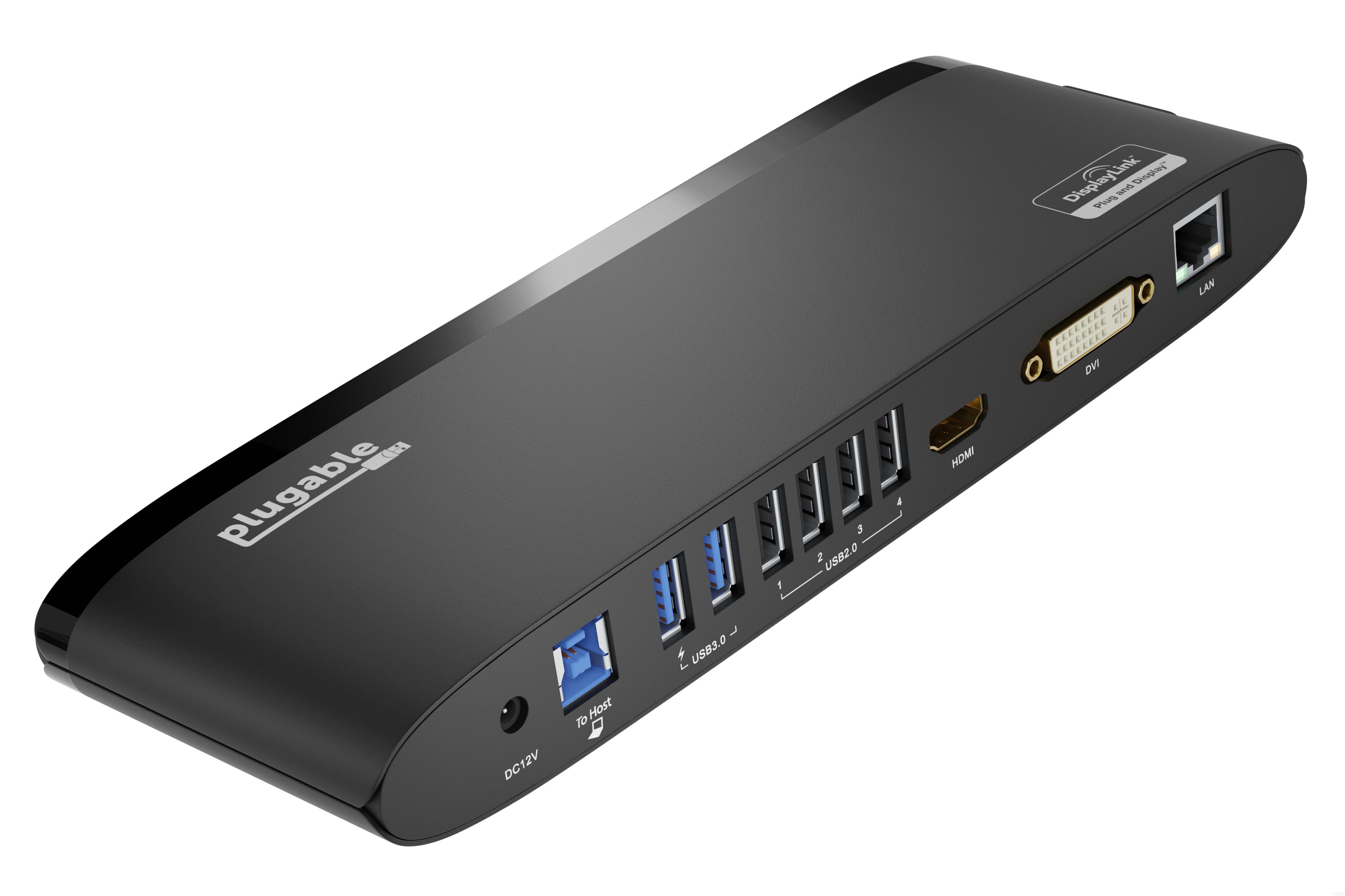 A black坞站 with multiple ports, including USB, HDMI, and Ethernet, for connecting a laptop to external displays and peripherals.