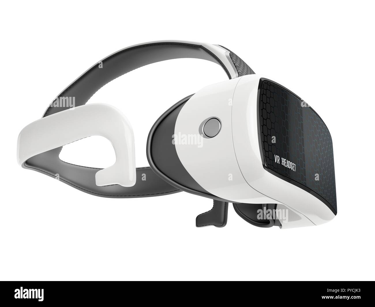 A virtual reality headset with a white and black color scheme is shown from an angle on a white background.