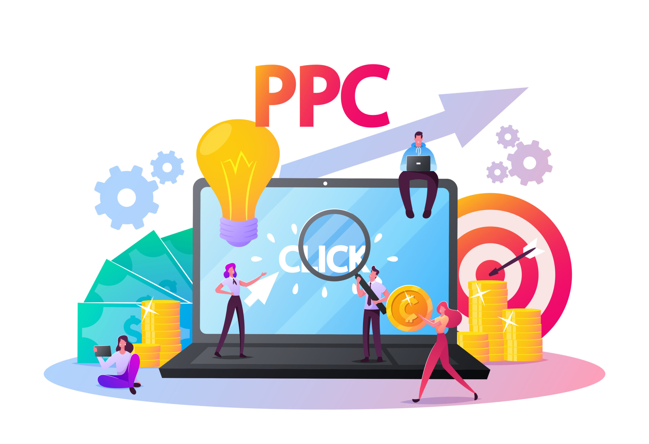 A group of people are working together to optimize a PPC campaign using data analysis.