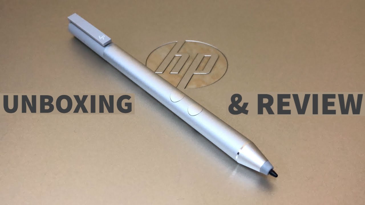 A silver HP stylus pen on a silver HP laptop with the text 'unboxing & review' on either side of the pen.