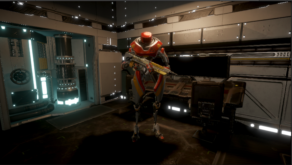 A video game scene with a robot holding a gun standing in a room with blue and white lighting and detailed textures.