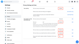 The image shows a screenshot of the Facebook settings page, with the 'Privacy' tab selected.