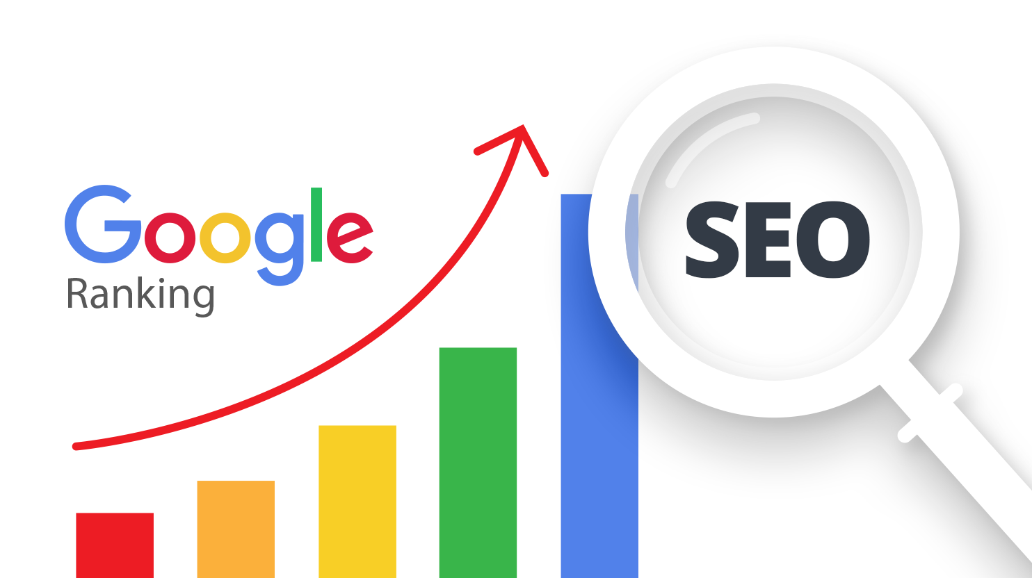 A bar graph with a magnifying glass on the right. The bars represent the ranking of a website in Google search results, with the highest bar representing the best ranking. The magnifying glass has the word 'SEO' written inside it. 'Google ranking' is written on the left of the graph. The image represents tips to improve a website's ranking in Google search results.