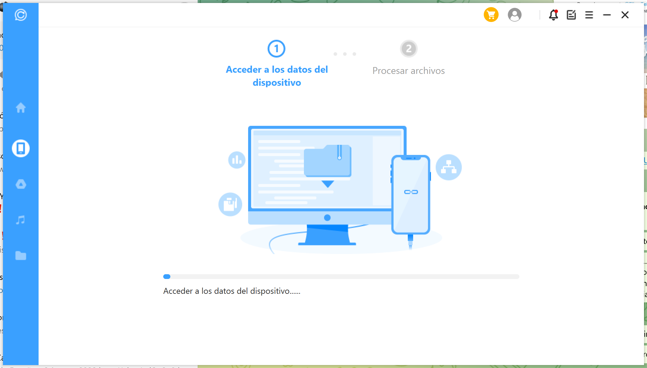 A screenshot of a webpage with a blue background and a white box with a blue outline in the center. The box contains two blue buttons, one labeled "acceder a los datos del dispositivo" and the other labeled "procesar archivos", above a blue progress bar that reads "acceder a los datos del dispositivo...". The webpage is about how to recover lost WhatsApp contact names.