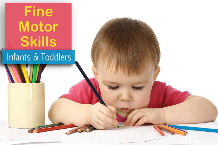A toddler is developing their fine motor skills by coloring a picture with colored pencils.
