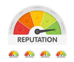 A gauge meter with a needle pointing to the 'good' range and the text 'Reputation' underneath, with the words 'very bad', 'bad', 'normal', 'good' and 'excellent' arranged in a semi-circle around it.