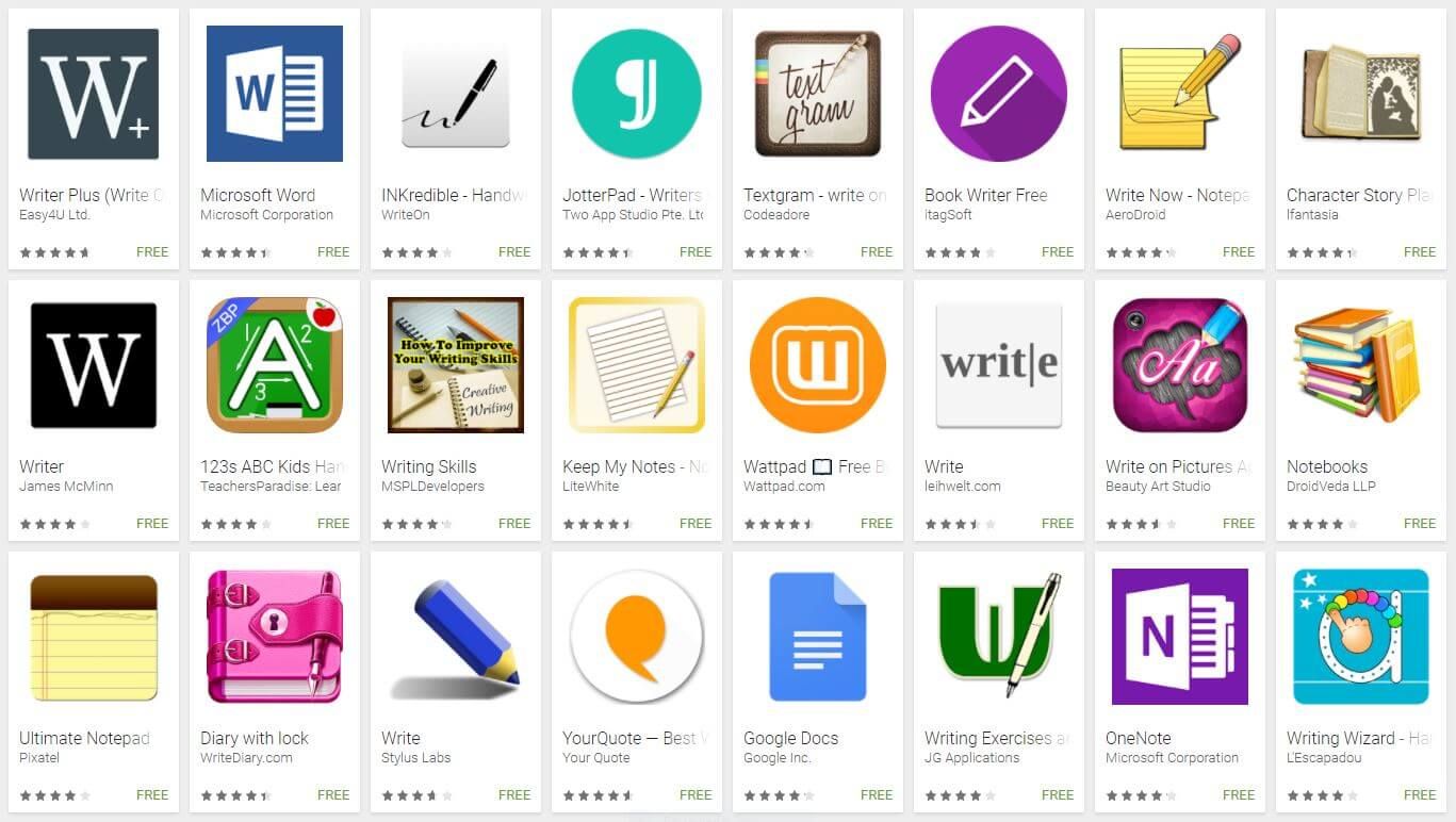 A screenshot of search results for 'Best paid poetry writing apps', showing a grid of app icons with their names and ratings.