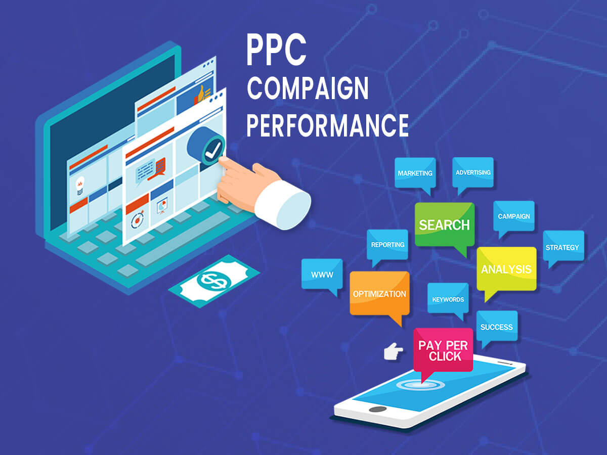 A hand clicking on a pay-per-click campaign performance dashboard with graphs, charts, and other data representing website traffic, cost per click, and other metrics.