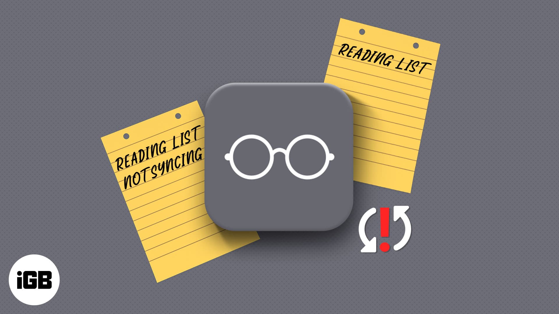 A dark gray app icon with a pair of white glasses on it is placed between two yellow sticky notes that say 'Reading List' on them. The sticky note on the left says 'not syncing' and the one of the right says 'syncing'.