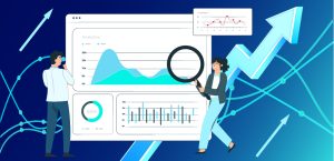 A man and a woman analyze market trends using data from various sources to make informed decisions.