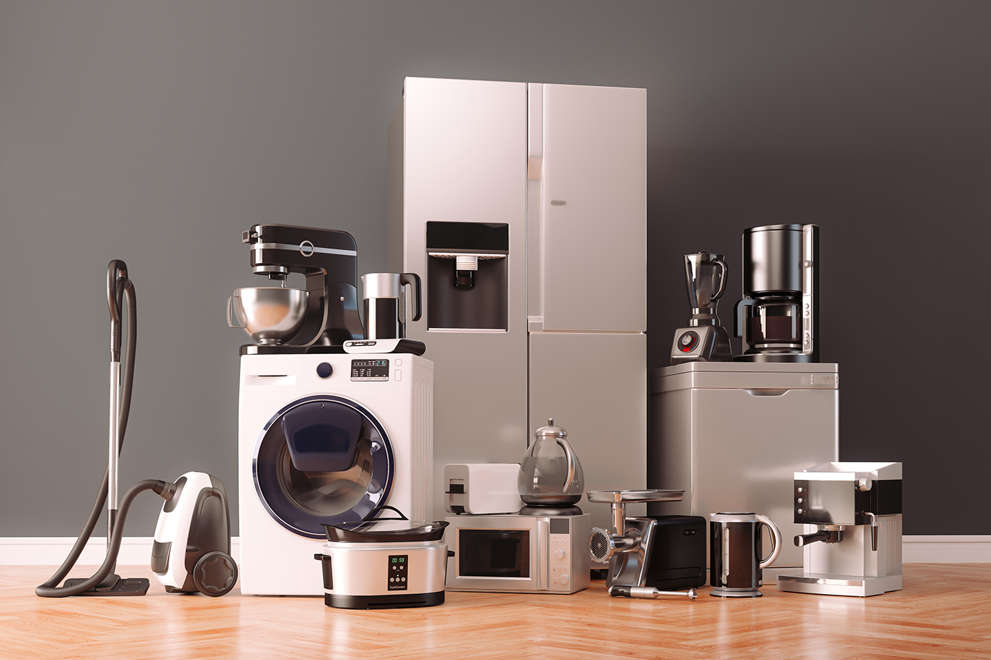A variety of modern smart home appliances in a modern household, including a refrigerator, oven, microwave, dishwasher, washing machine, dryer, vacuum cleaner, coffee maker, and toaster.