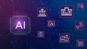 A conceptual image representing the integration of AI technology in various industries, including finance, healthcare, manufacturing, retail, and gaming.