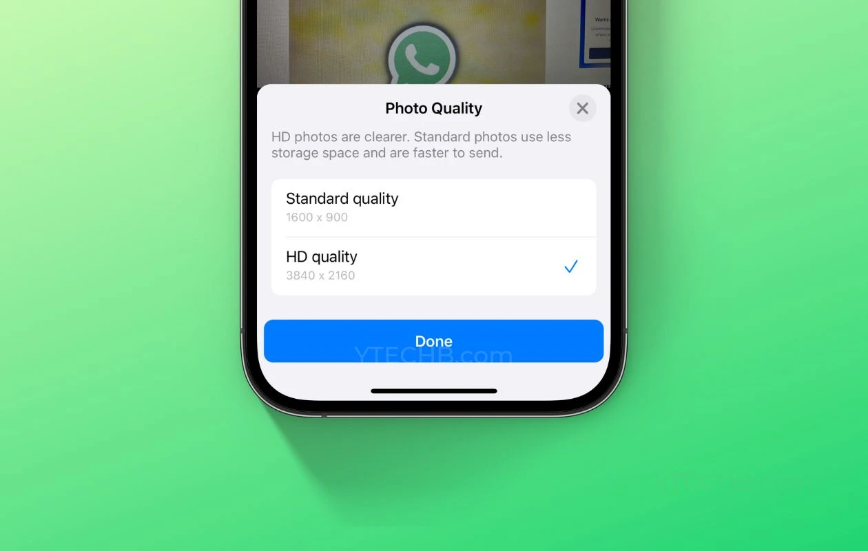 A screenshot of an iPhone with the option to send high-quality photos through WhatsApp documents.