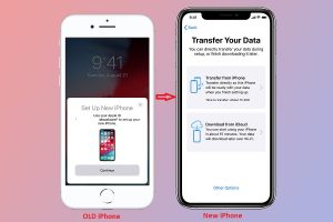 A screenshot of two iPhones with a caption that reads 'Transfer your data directly from your old iPhone to your new iPhone during setup' with two options 'Transfer from iPhone' and 'Download from iCloud'.