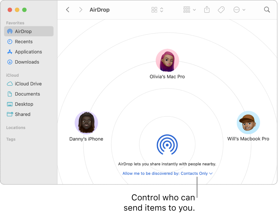 The image shows the AirDrop window on a Mac, with the user's profile picture and the profile pictures of two other people nearby. The image demonstrates how to use AirDrop to share files between devices.