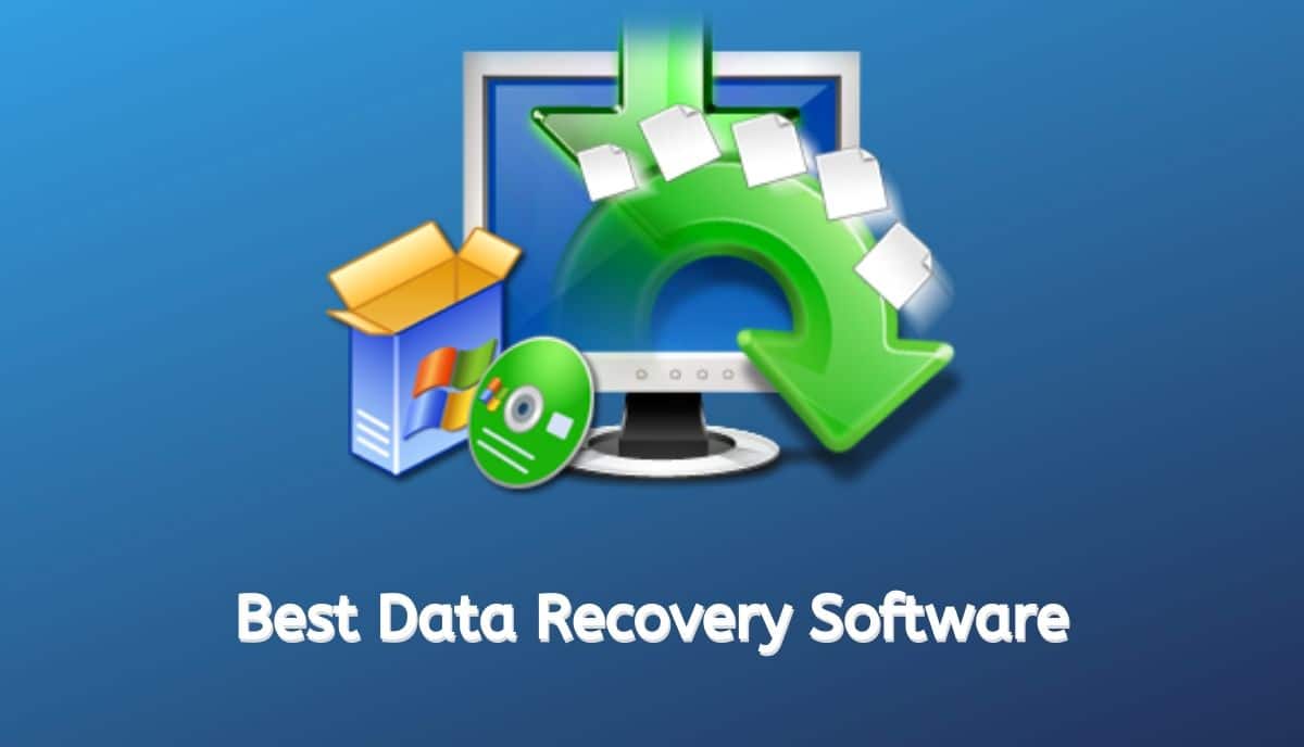 The image shows a computer with a green arrow pointing to it, and a box with a CD next to it, with the text 'Best Data Recovery Software' underneath.