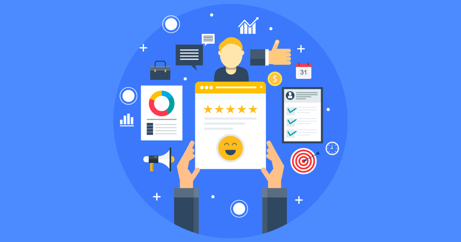 A hand holding a clipboard with a 5-star rating and a smiley face in front of a person surrounded by icons representing online reputation management services such as social media, reviews, and analytics.