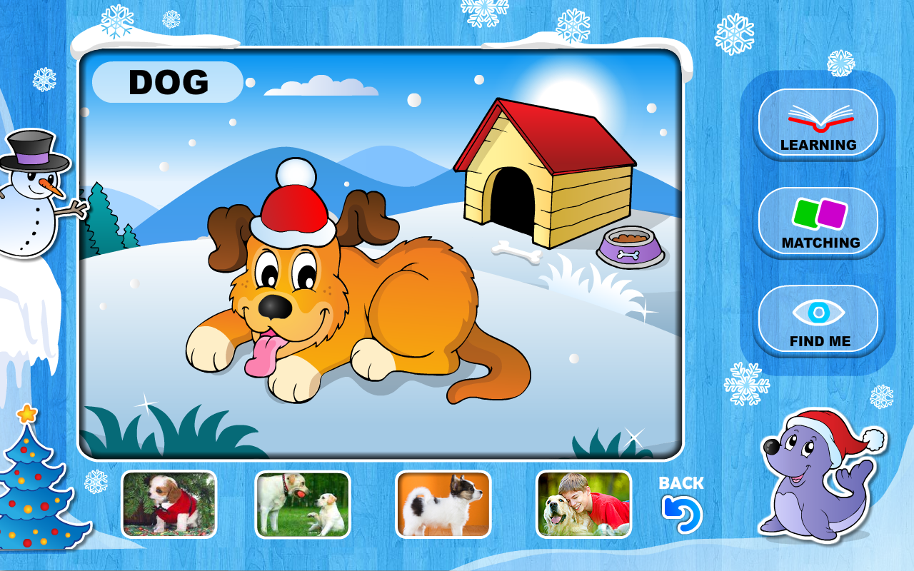 A screenshot of an educational game for children with a dog wearing a Santa hat on a snowy background, surrounded by four smaller images of dogs, a snowman, a Christmas tree, a dog house, a bone, and a bowl.
