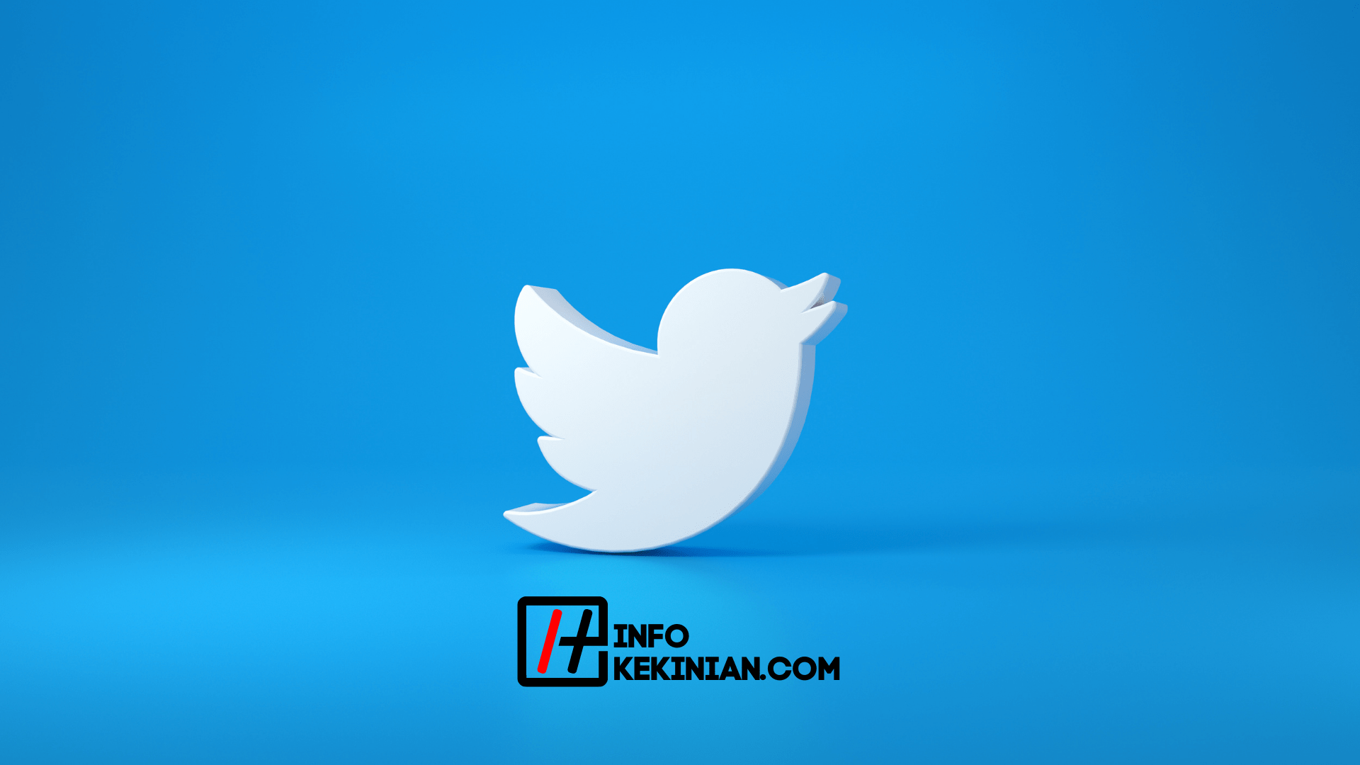 The image is a 3D rendering of the Twitter logo, which is a bird facing right with its mouth open, against a blue background. The logo is at the top center of the image. The text "INFO KEKINIAN.COM" is at the bottom center of the image. The image represents the search query 'Cara download video Twitter tanpa aplikasi'.