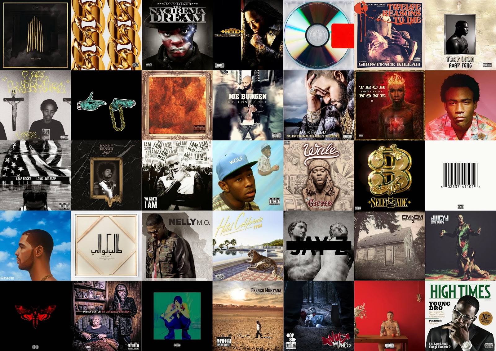 A collage of album covers from different music genres, including hip-hop, rap, pop, rock, and country.