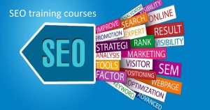 A diagram representing an SEO training course, with the words 'SEO', 'training', 'courses', 'improve', 'promotion', 'expert', 'result', 'strategy', 'rank', 'visibility', 'analysis', 'tools', 'factor', 'keyword', 'positioning', 'webpage', 'optimization', 'advanced', 'search', 'online', 'analyzer', 'marketing', 'visitor', and 'SEM'.