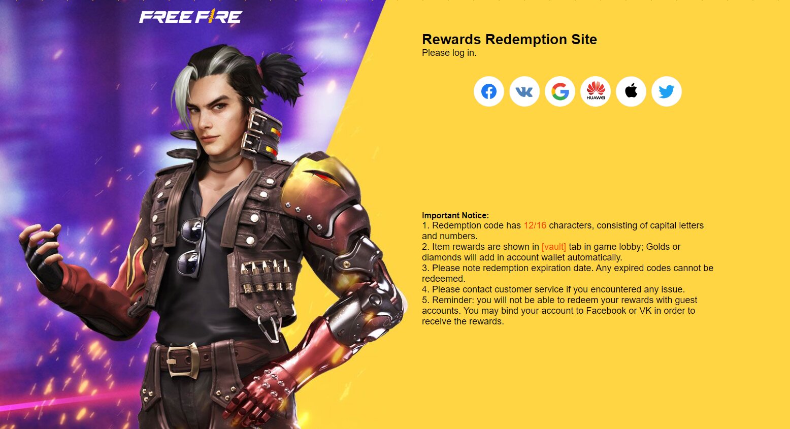 The image shows the rewards redemption site for the Free Fire game with reduced graphics quality and stable network connection.