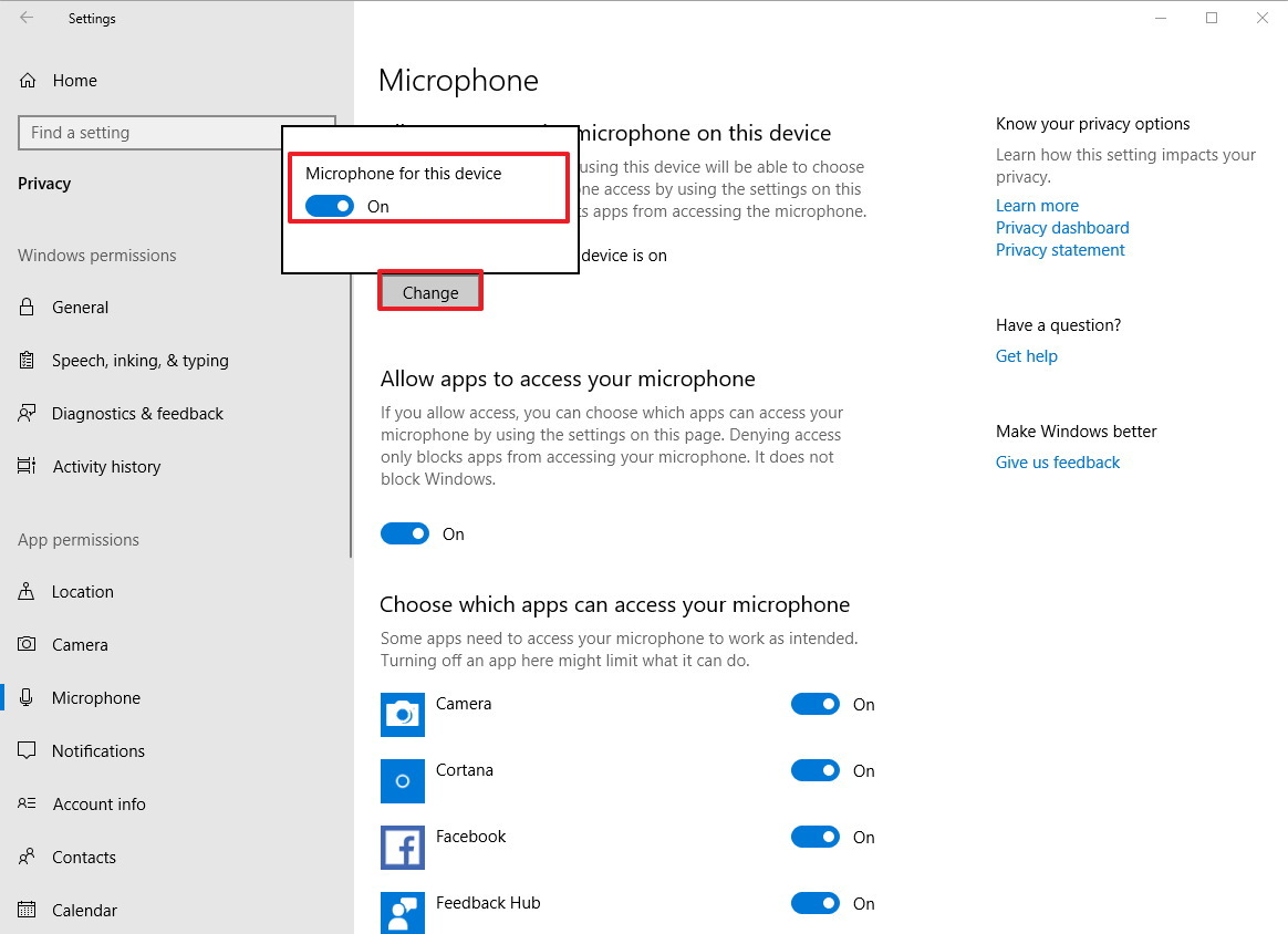 The image shows the 'Microphone' settings page in Windows 10, with the option to turn the microphone on or off, allow apps to access the microphone, and choose which apps can access the microphone.