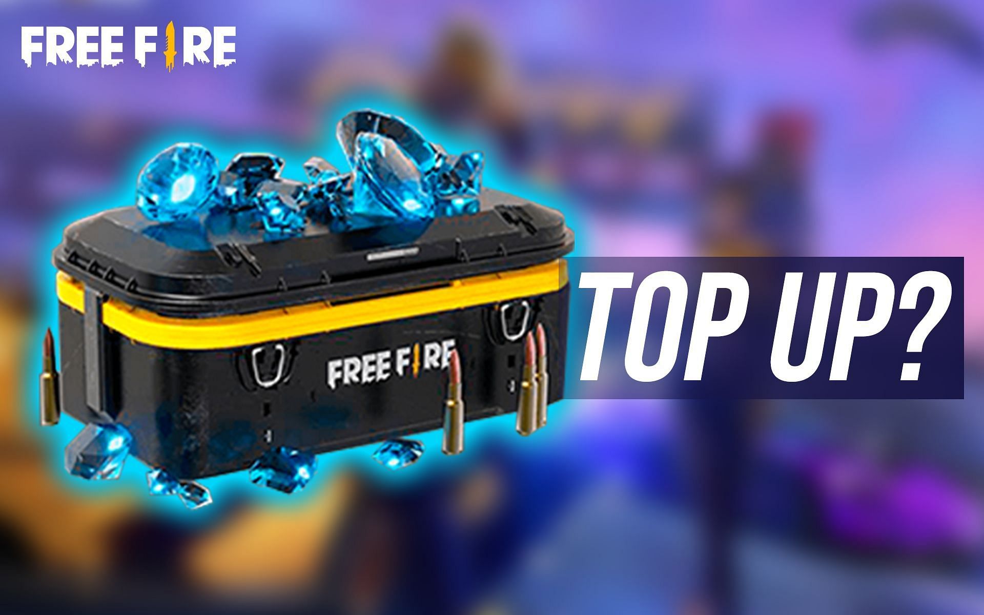 A yellow container with the Free Fire logo and blue diamonds scattered around it with the text 'Top Up?'