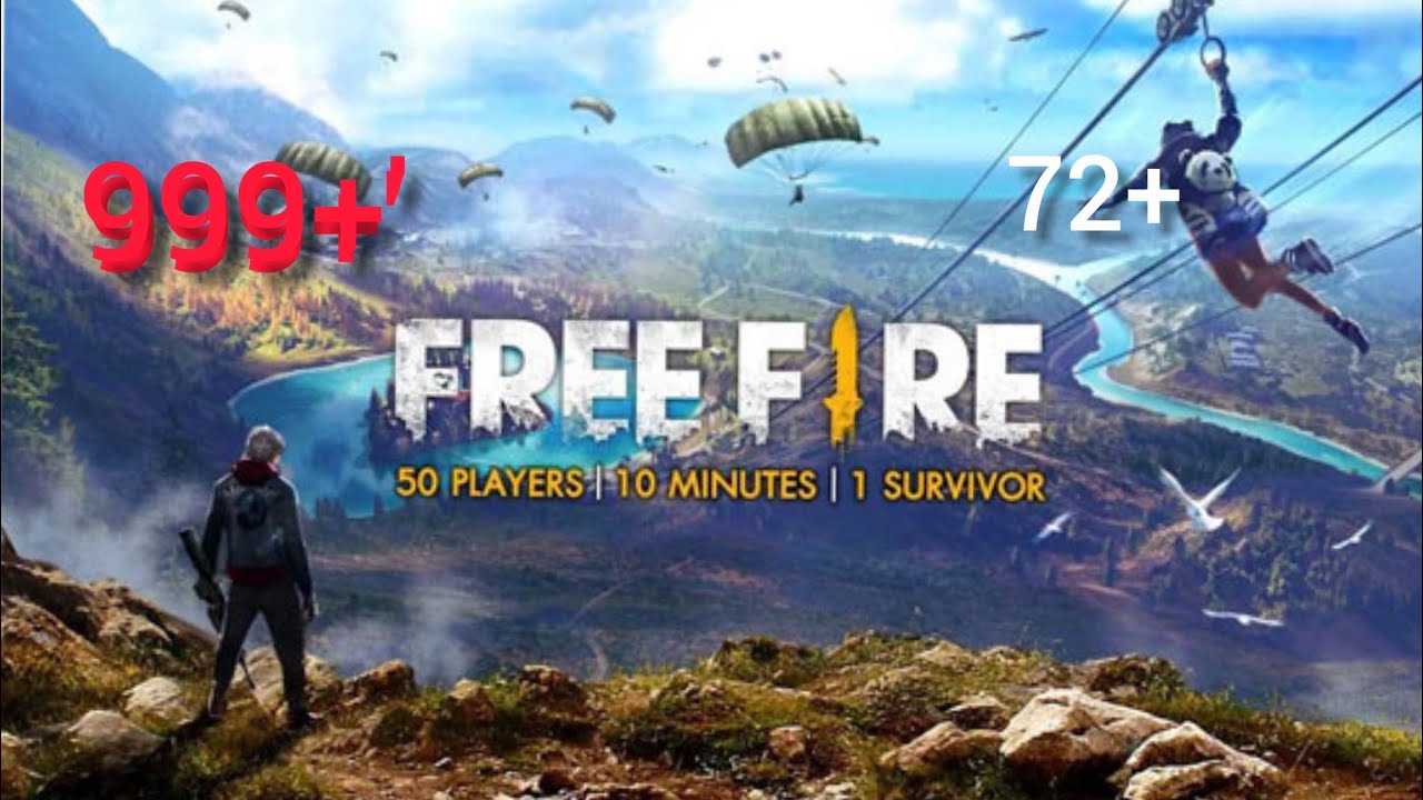 The image shows a poster for the game Free Fire with a tagline '999+' and '72+' indicating a high number of players and a short match time. The poster also shows a player parachuting from a helicopter. The image is related to the search query 'Troubleshooting Free Fire 999 ping' because it shows the game's high ping issue.