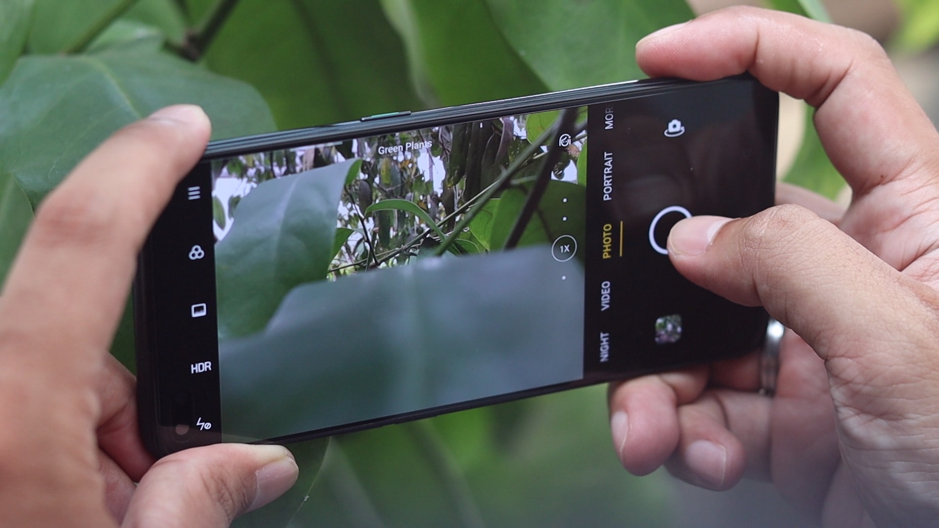 A hand holding a black phone with a green leaf in the background. The camera app is open and the user is about to take a photo.