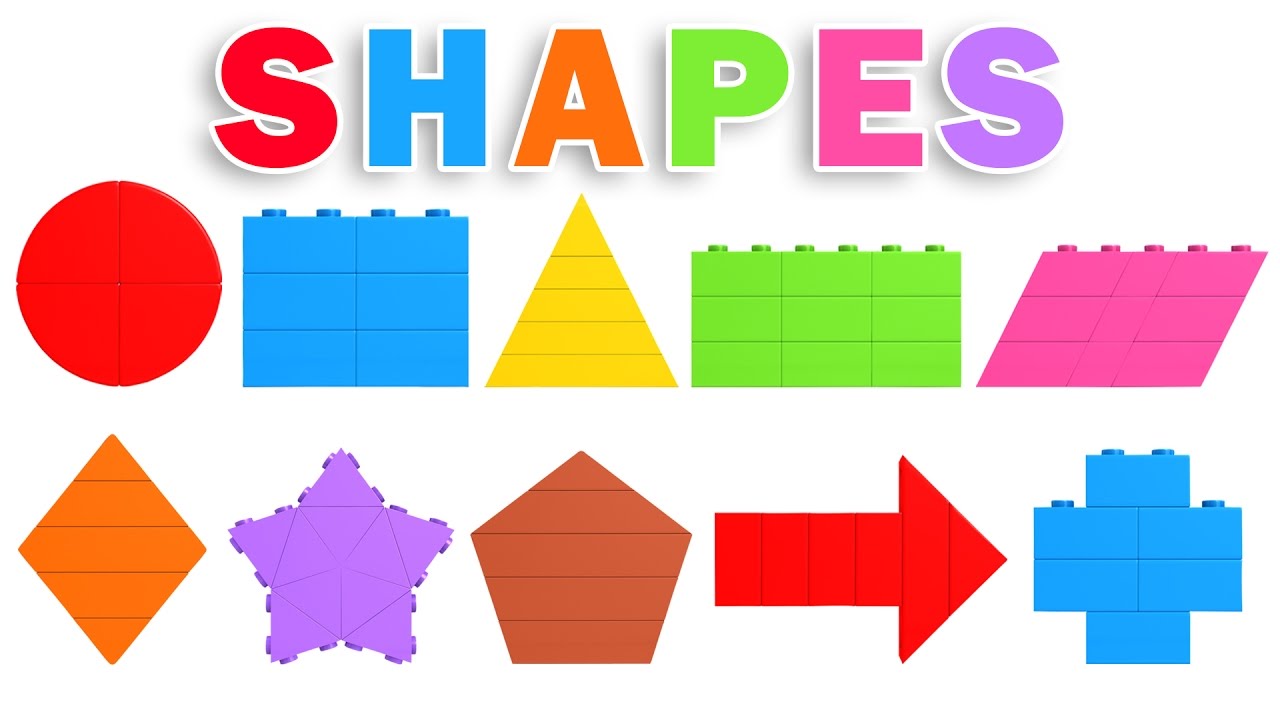 A colorful 3D image shows the words 'Shapes' and several 3D shapes in bright colors arranged in two rows.