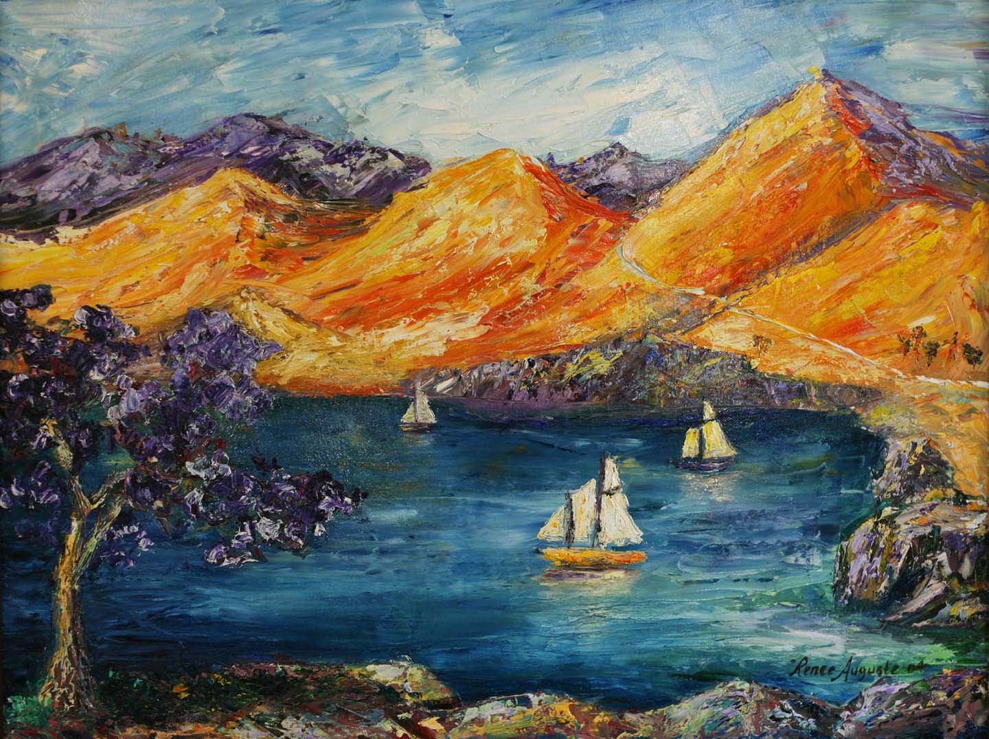 An oil painting of sailboats on a lake with purple trees in the foreground and orange mountains in the background. (This image represents the search query 'Fine art paintings for investment'.)