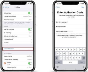 A screenshot of an iPhone with the eSIM card activation process. The screen shows the 'Add Cellular Plan' option under the 'Cellular' settings. The next screen shows the option to enter the activation code provided by the carrier.