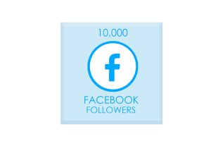 A blue and white icon of the Facebook logo with the text '10,000 Facebook followers' underneath.