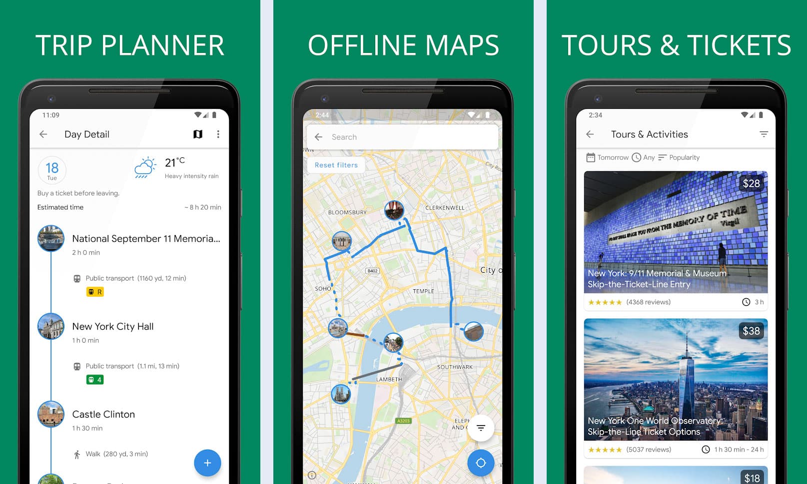The image shows a set of three screenshots from a travel planning app. The first image shows a list of estimated travel times to various destinations, the second image shows a map with various points of interest, and the third image shows a list of tours and activities.