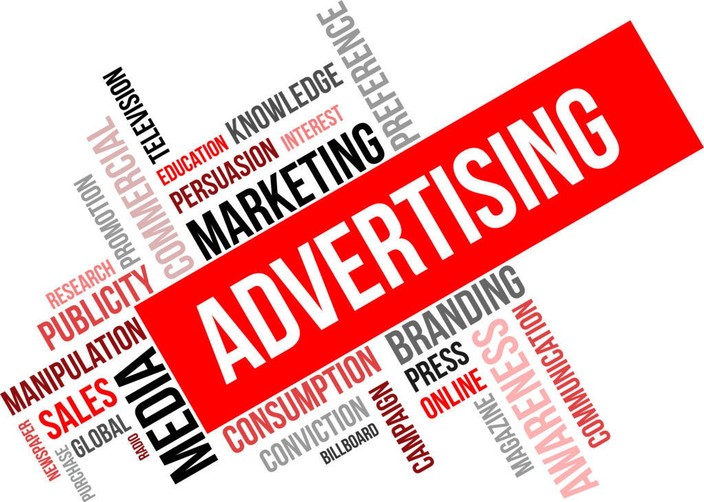 A word cloud image with the central words 'Advertising' and 'Marketing', surrounded by related words such as 'branding', 'consumption', 'sales', 'promotion', 'television' and 'communication'.
