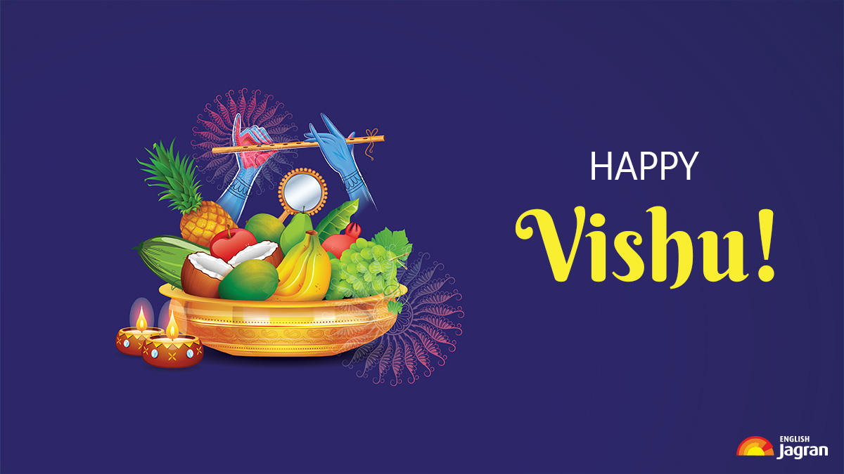 A blue background with a bowl of fruits and the text 'Happy Vishu!' in yellow.