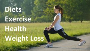 A woman in white sportswear is stretching her leg in a park with the words 'diet, exercise, health, weight loss' overlaid on the image.