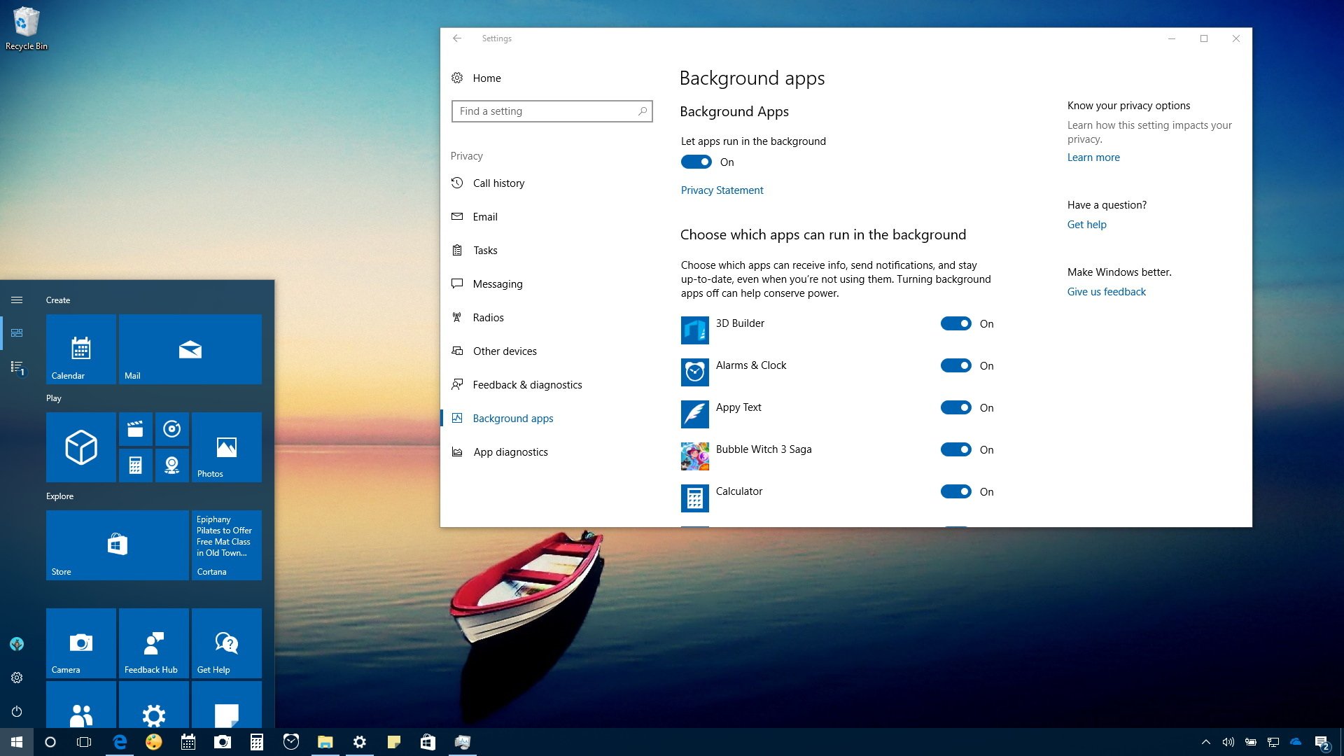 A screenshot of a Windows 10 computer with the 'Background Apps' settings open.