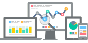 A screenshot of a local pay-per-click marketing campaign showing a desktop, laptop, tablet, and mobile device with graphs and charts representing website traffic, cost per click, and other metrics.