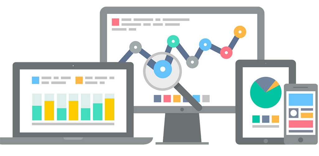 A screenshot of a local pay-per-click marketing campaign showing a desktop, laptop, tablet, and mobile device with graphs and charts representing website traffic, cost per click, and other metrics.