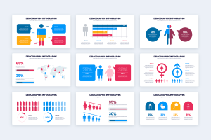 A collection of infographic templates with charts and graphs to visualize demographic data.