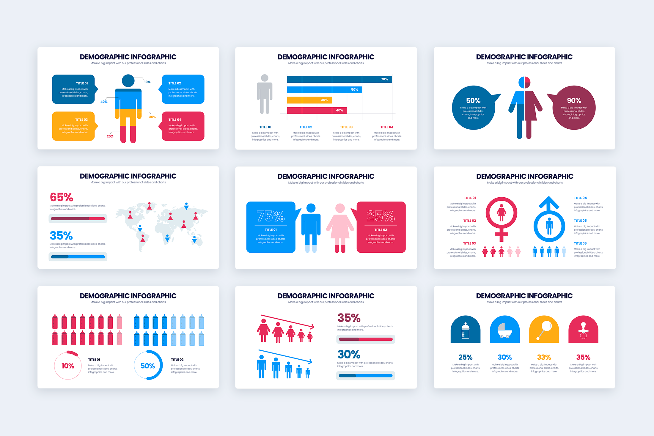 A collection of infographic templates with charts and graphs to visualize demographic data.