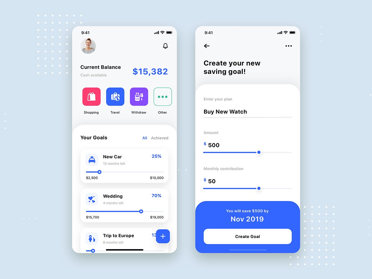 A mobile app interface with expense tracking and budgeting features. The interface shows a user's current balance, as well as their spending and saving goals. The user can also create new goals and track their progress.