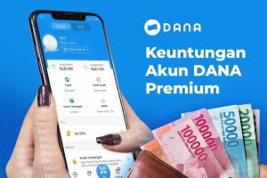 A hand holding a smartphone with the DANA app open on the screen. The DANA app is a mobile payment app that offers a variety of features, including the ability to pay bills, send money, and shop online. The image also shows the steps to register for a DANA Premium account.