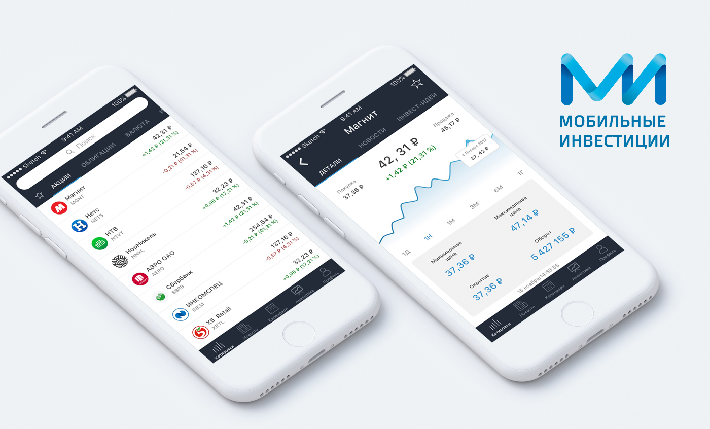 The image shows a mobile application for investment with a list of Russian stocks and a chart of the Magnet stock price.