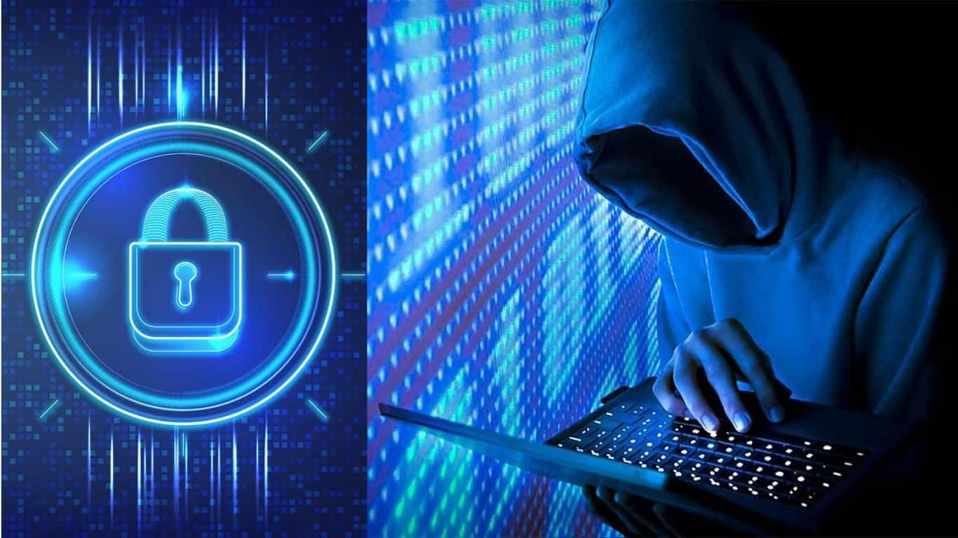 A conceptual image of a hooded hacker in front of a binary code background on the right, and a glowing blue padlock icon on the left.