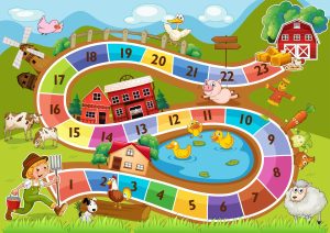 A colorful board game with a farm theme that can be used to learn investment concepts.