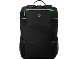 A black HP gaming backpack with green accents is shown.