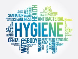 A word cloud image with the most important words being 'hygiene' and 'health', surrounded by other related words such as 'cleanliness', 'sanitation', 'dental', 'body', 'water', 'soap', 'antibacterial', 'public health', 'prevention', 'disease', 'healthy', 'standard', 'practice', 'personal', 'dental', 'habits', 'antiseptic', 'everyday', 'washing', 'safe', 'public', 'good'.